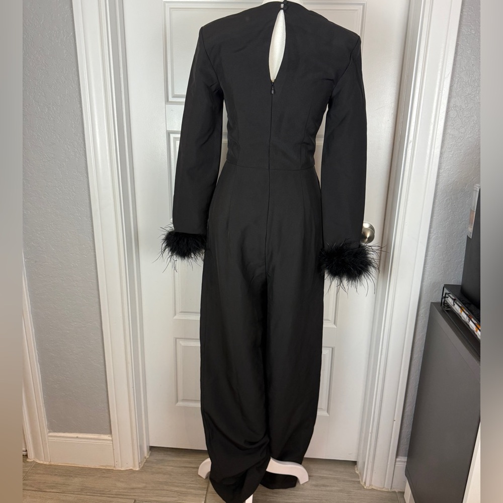 Club L London Portia black sweetheart plunge wide leg feather cuff jumpsuit US 4 - Picture 7 of 11